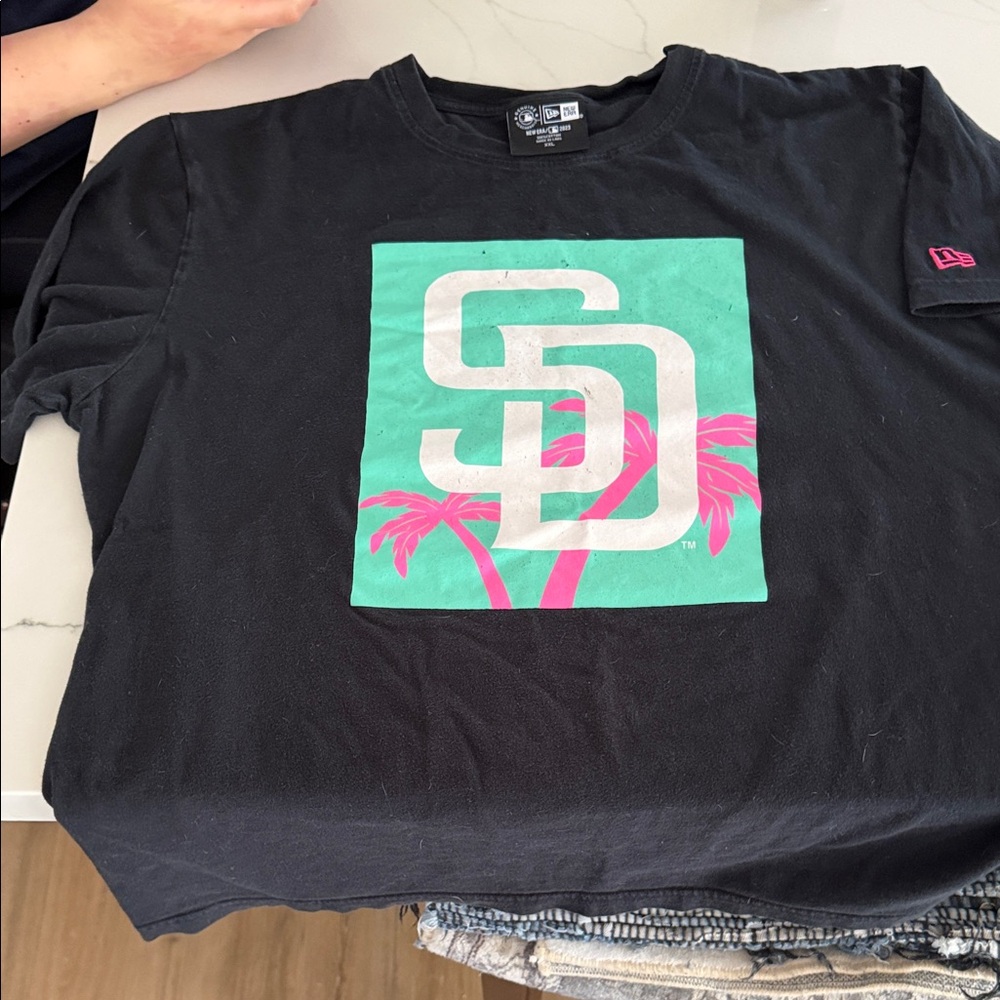 New Era Black Tee with Mint Green Square & Pink Palm Graphic